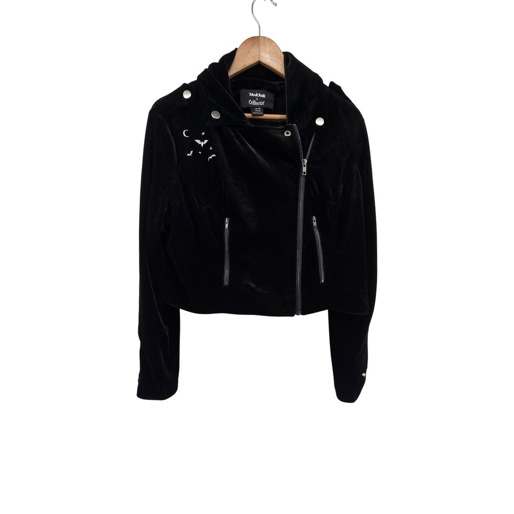 ModCloth x Collectif Moto Jacket Women 16 Black Velvet Bat Moon Celestial Gothic